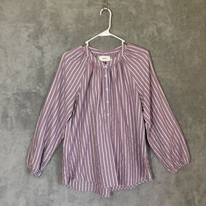XIRENA Aerin Top Women M Cotton Gauze Striped Henley Smock Blouse Purple Stripe